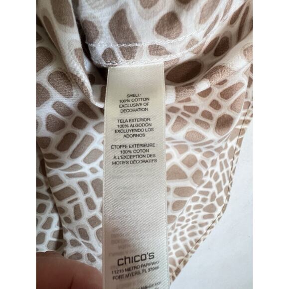 Chico's No Iron Tan White Animal Polka Squares Collared Top Size 2 L Button Up - Picture 8 of 9